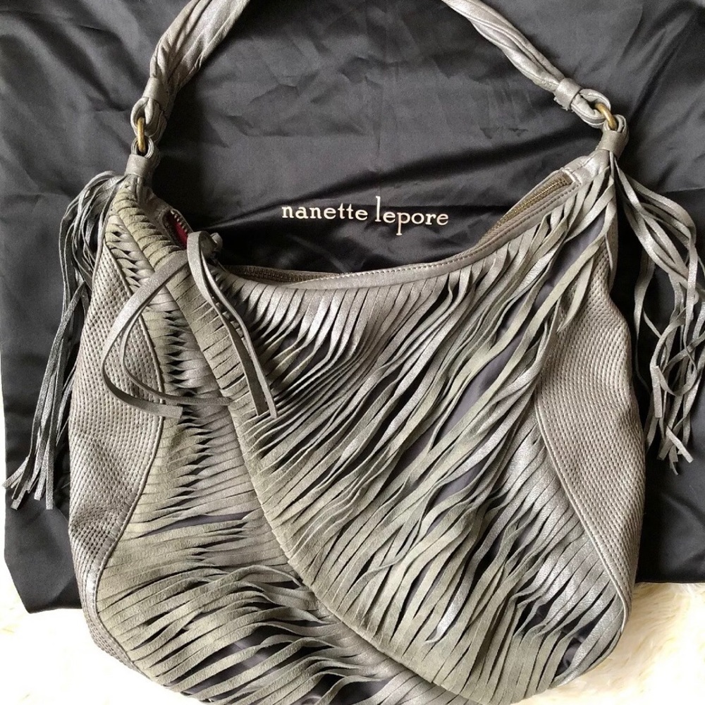 Nanette Lepore leather fringe handbag gray